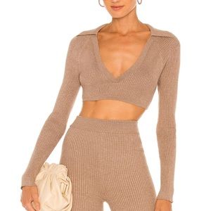 REVOLVE L'Academie Mattia Ribbed Cropped Collared Sweater in Deep Taupe